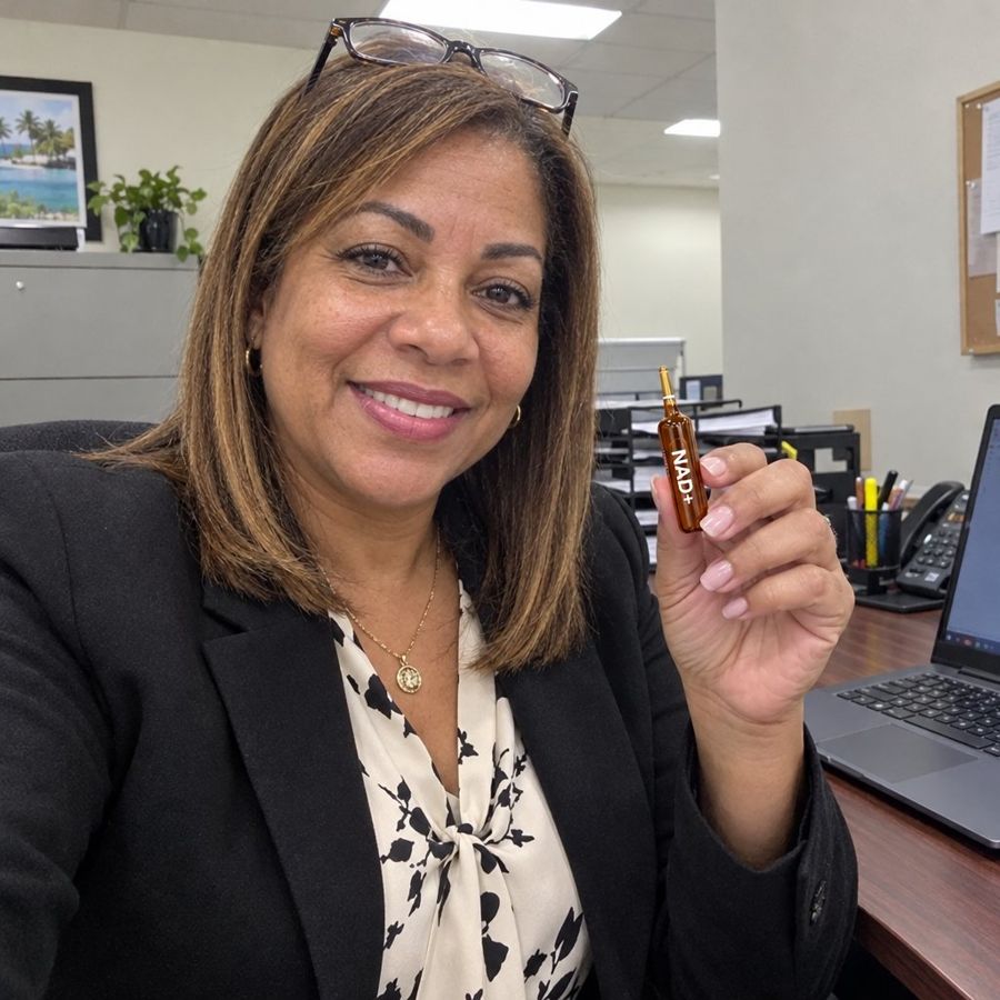 Patricia en la oficina con su vial